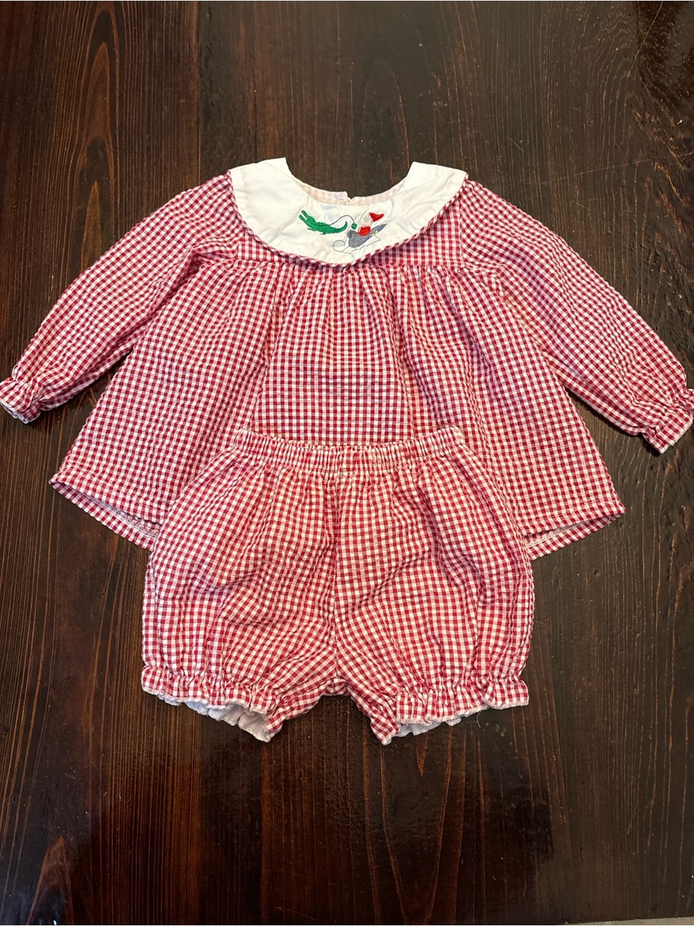 Red Gingham Girls Matching Set with Embroidered White Collar